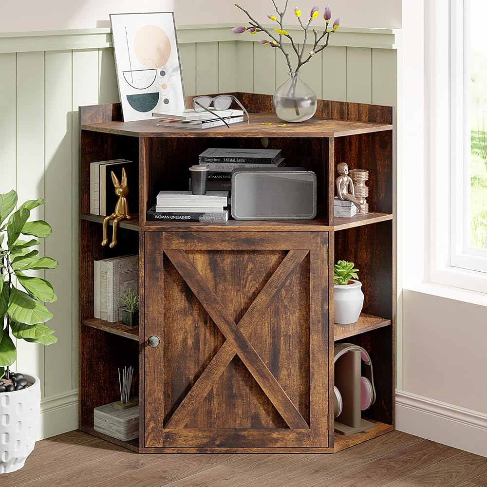 Corner Cabinet, Corner Storage Shelf with USB Ports and Outlets Industrial Organizer for Small Space Wooden 6-Cubby Bookshelf for Study, Playroom, Living Room (Amber Pine) : Home & Kitchen