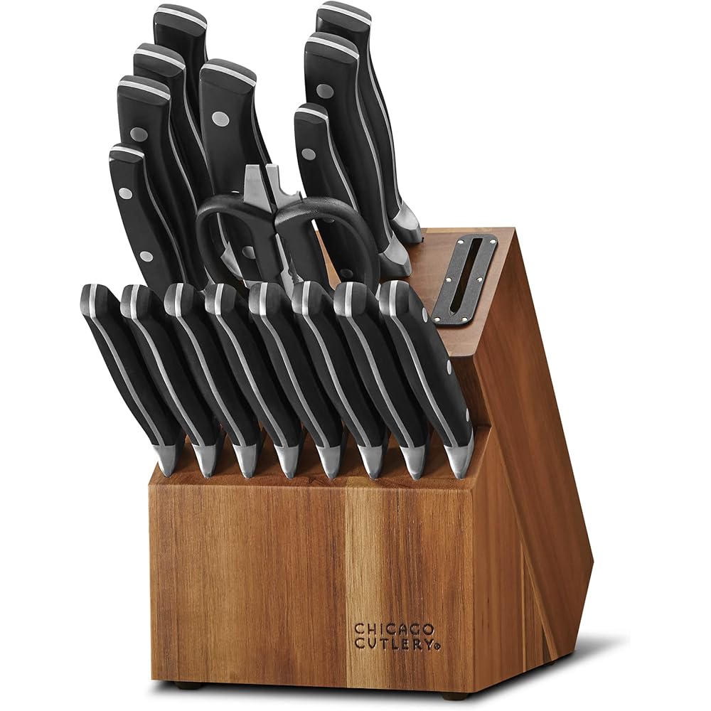 Chicago Cutlery Insignia Triple Rivet Poly (18-PC) Kitchen Knife Block Set With Wooden Block & Built-In Sharpener, Black Ergonomic Handles and Sharp Stainless Steel Professional Chef Knife Set: Home & Kitchen