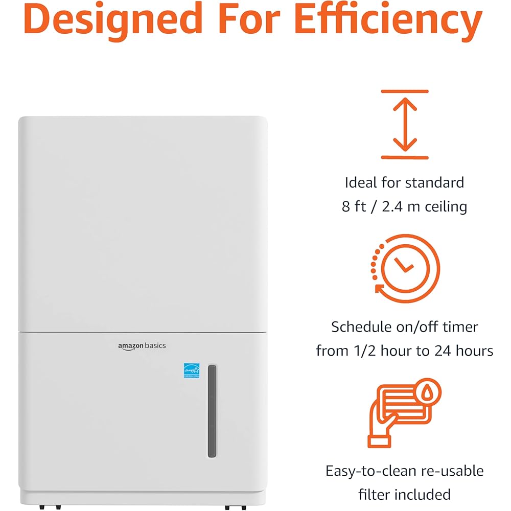 - Amazon Basics Large Dehumidifier for Rooms, Energy Star Certified, Effectively Reduces Humidity, With Continuous Drain Pump, Timer, Auto-Defrost, Overflow Protection, up to 4000 SFT, 50 Pint, White