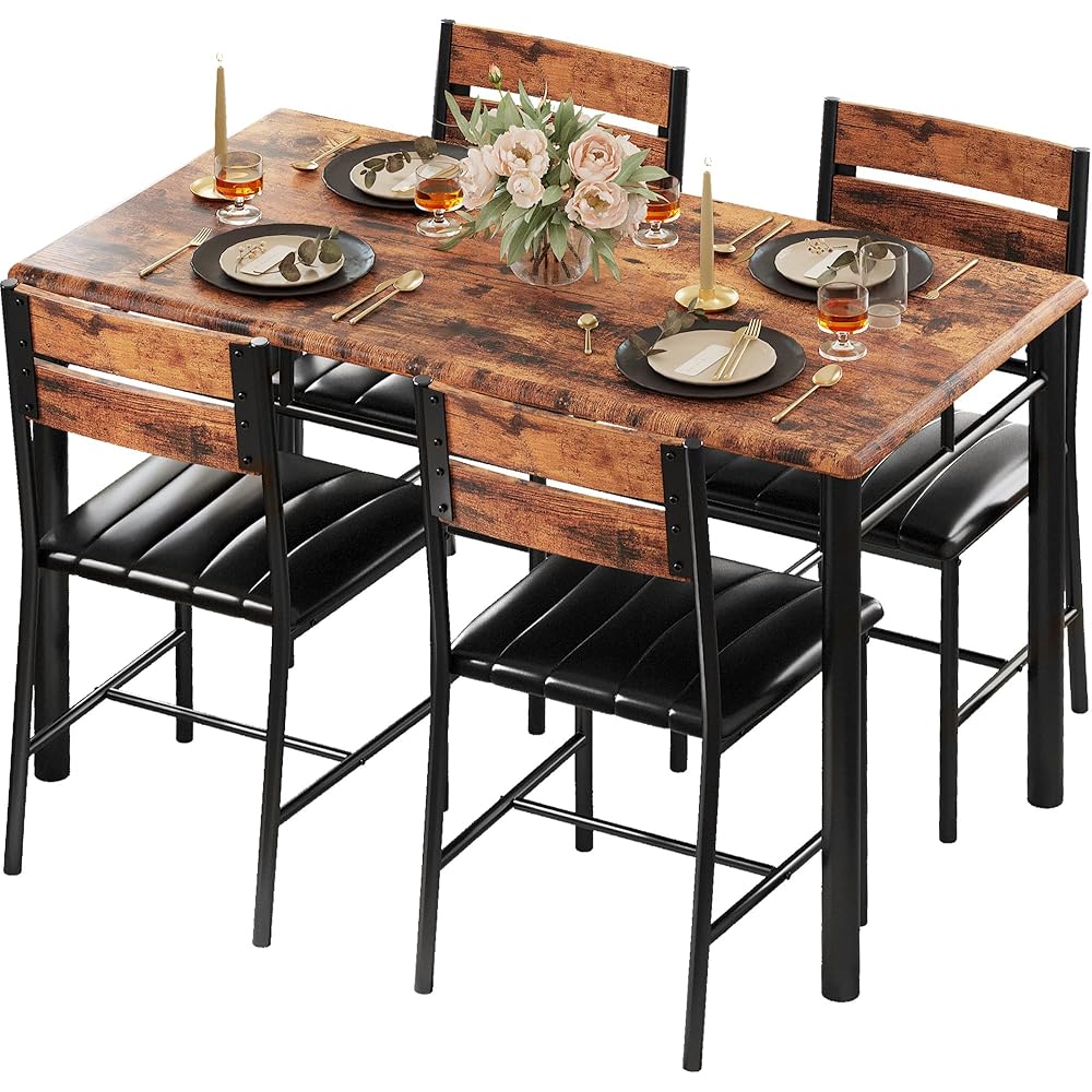 - IRONCK Dining Table Set for 4, Wood Kitchen Table with Upholstered Chairs for Kitchen Room and Small Spaces, Rustic Brown - Table & Chair Sets