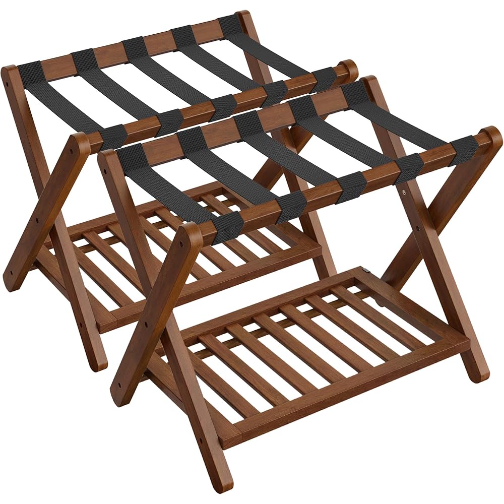 SONGMICS Solid Wood Luggage Racks, Set of 2, No Assembly Required, Foldable Suitcase Stand, Luggage Holder, with Storage Shelf, for Guest Room, Hotel, Bedroom, Coffee Brown URLR021K01 : Home & Kitchen