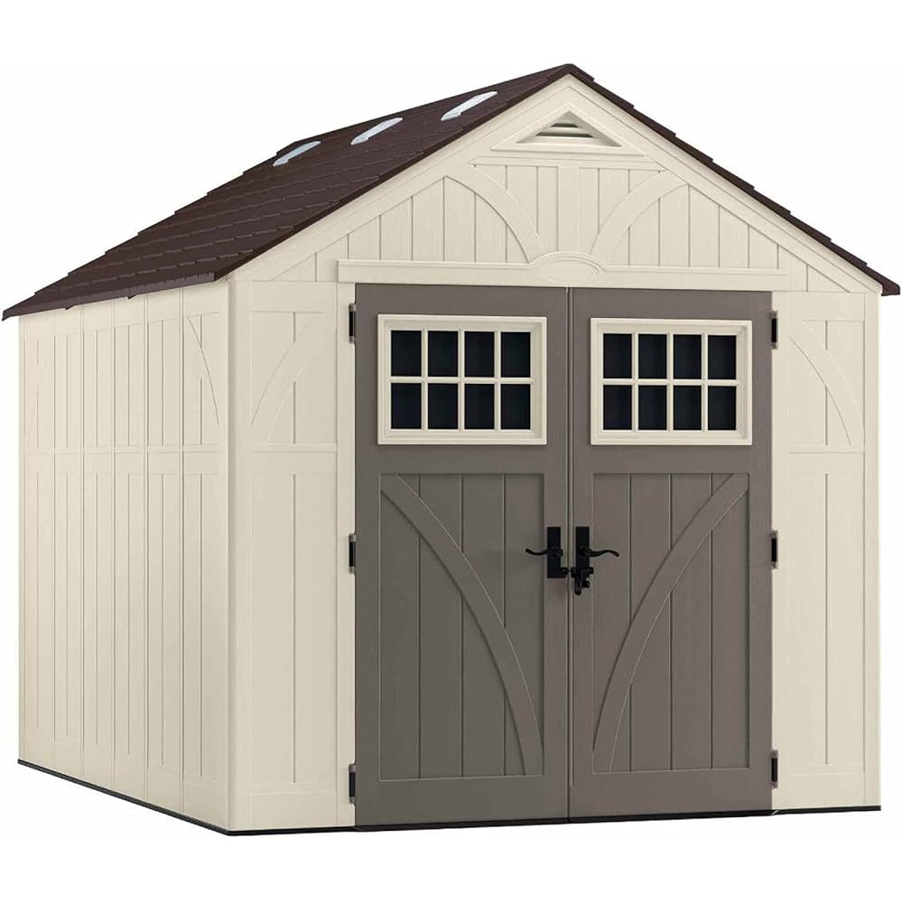 : Suncast 8’x10’ Tremont Resin Shed, Vanilla & Slate – Backyard Storage Unit with Skylights, Corner Shelves, Reinforced Floor & Double Doors – Store Lawn Mower, Garden Equipment & Outdoor Tools : Patio, Lawn & Garden