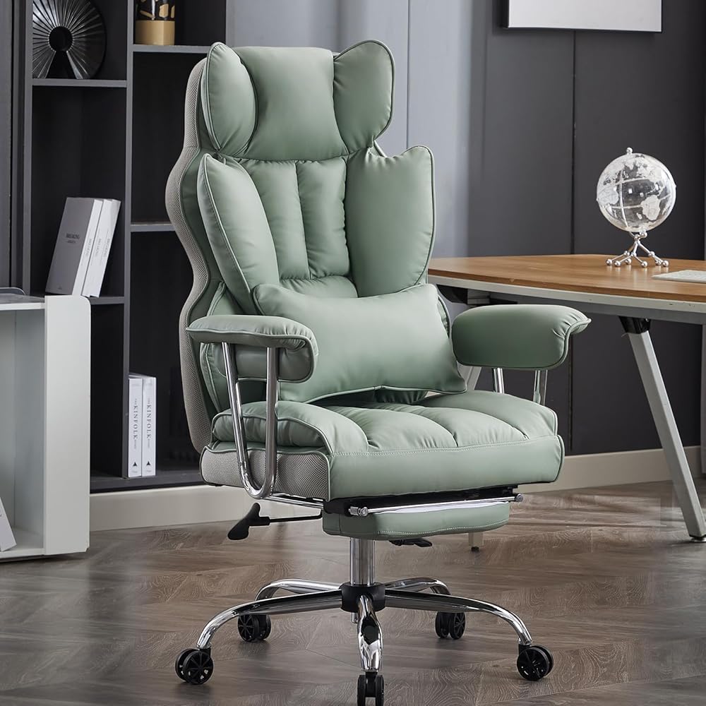 Efomao Big and Tall Office Chair 400lbs - Executive Office Chairs with Footrest, Heavy-Duty PU Leather Computer Chair for Heavy People, Light Green Home Office Desk Chairs : Home & Kitchen