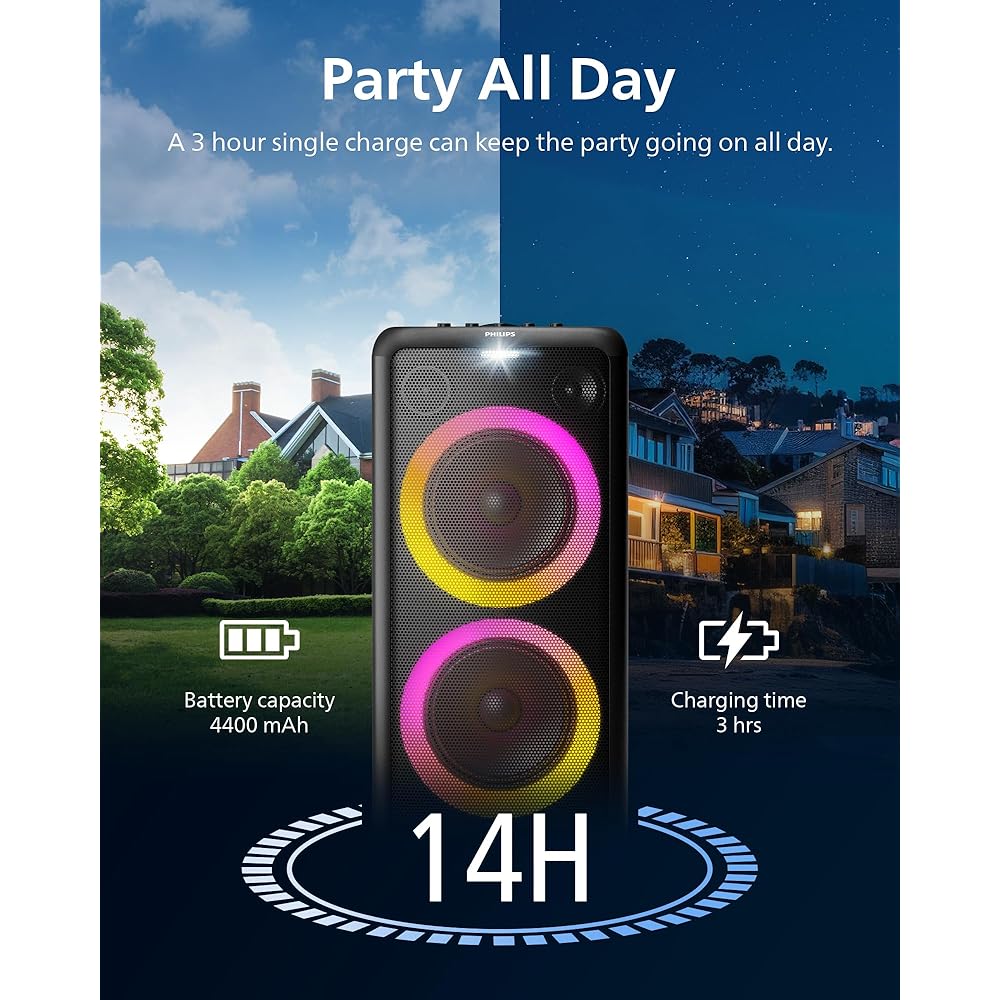 Philips X5206 bluetooth party speaker, portable with wheels, exciting light show, karaoke machine with microphone and Guitar Input, powerful bass & subwoofer, long playtime, perfect for outdoor events : Electronics