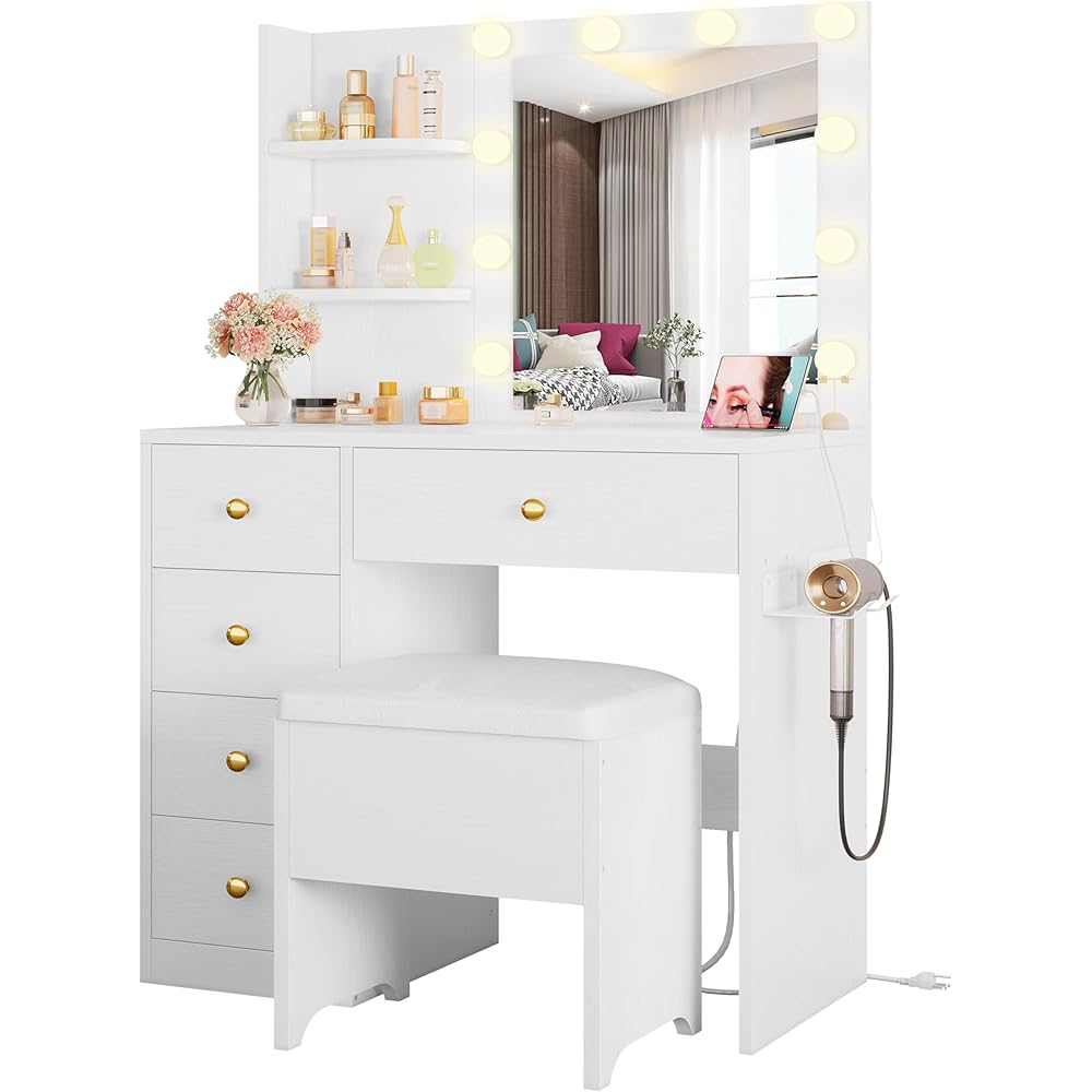 IRONCK Vanity Desk with Mirror and Lights, Small Makeup Vanity Table with 5 Drawers, Power Outlet, and Vanity Stool, 3 Lighting Colors, Dressing Table for Women Girls Bedroom, White : Home & Kitchen