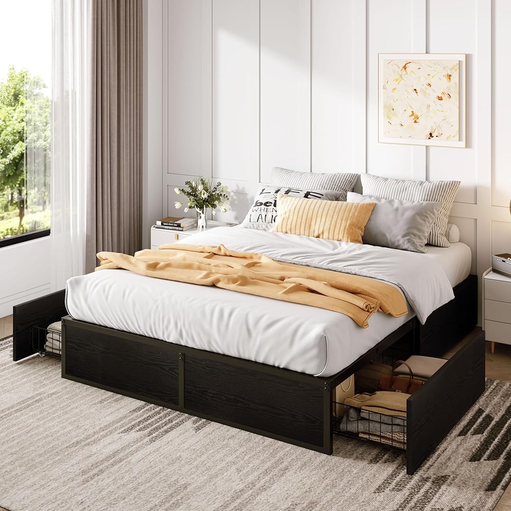 SHA CERLIN Queen Platform Bed Frame with 2 Large Storage Drawers, Rustic Wood and Metal, Noise-Free, Easy Assembly, No Box Spring Needed, Black : Home & Kitchen