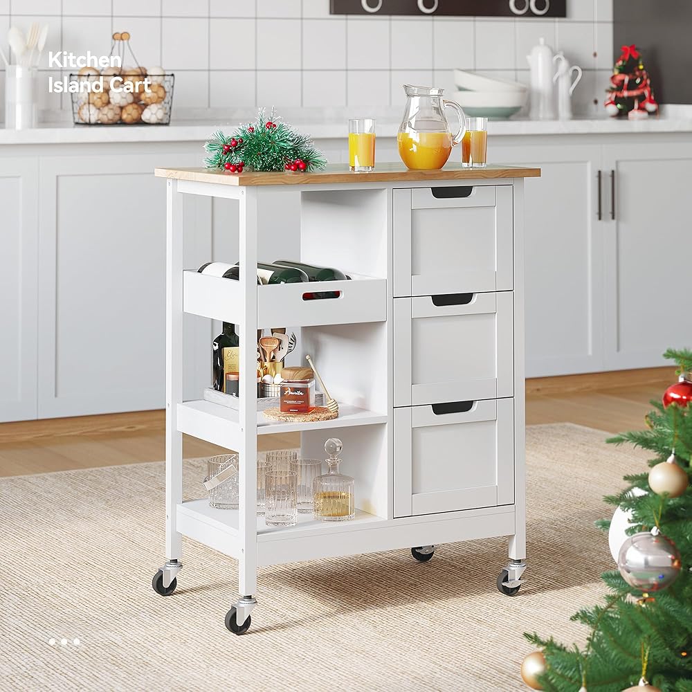 YITAHOME Small Solid Wood Top Kitchen Island Cart on Wheels with Storage, Rolling Portable Dining Room Serving Utility Carts Mobile Movable with 3 Drawers Cabinet, Oak & White : Home & Kitchen