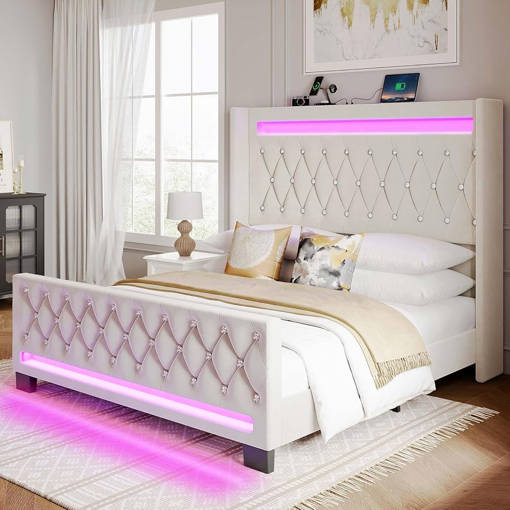 Rolanstar Queen Bed Frame with LED Light and Charging Station, Upholstered High Headboard and Footboard, Wood Slats, Noise Free, Easy Assembly, Beige : Home & Kitchen