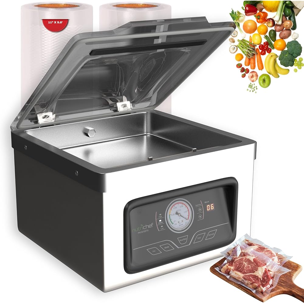NutriChef 350W Vacuum Sealer Machine - 8L Chamber Commercial Food Sealer, Automatic Meat Packing and Sous Vide System with Digital Control, Includes Vacuum Roll Bags : Home & Kitchen