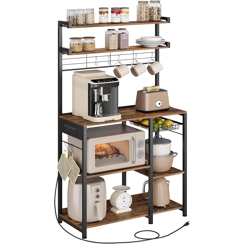 - VASAGLE Bakers Rack with Power Outlet, 35.4 Inches Microwave Stand, Coffee Bar, 4 AC Outlets, with Adjustable Shelves, 8 S-Hooks, Basket, Spice Racks, Rustic Brown and Ink Black UKKS031K01 - Standing Baker's Racks