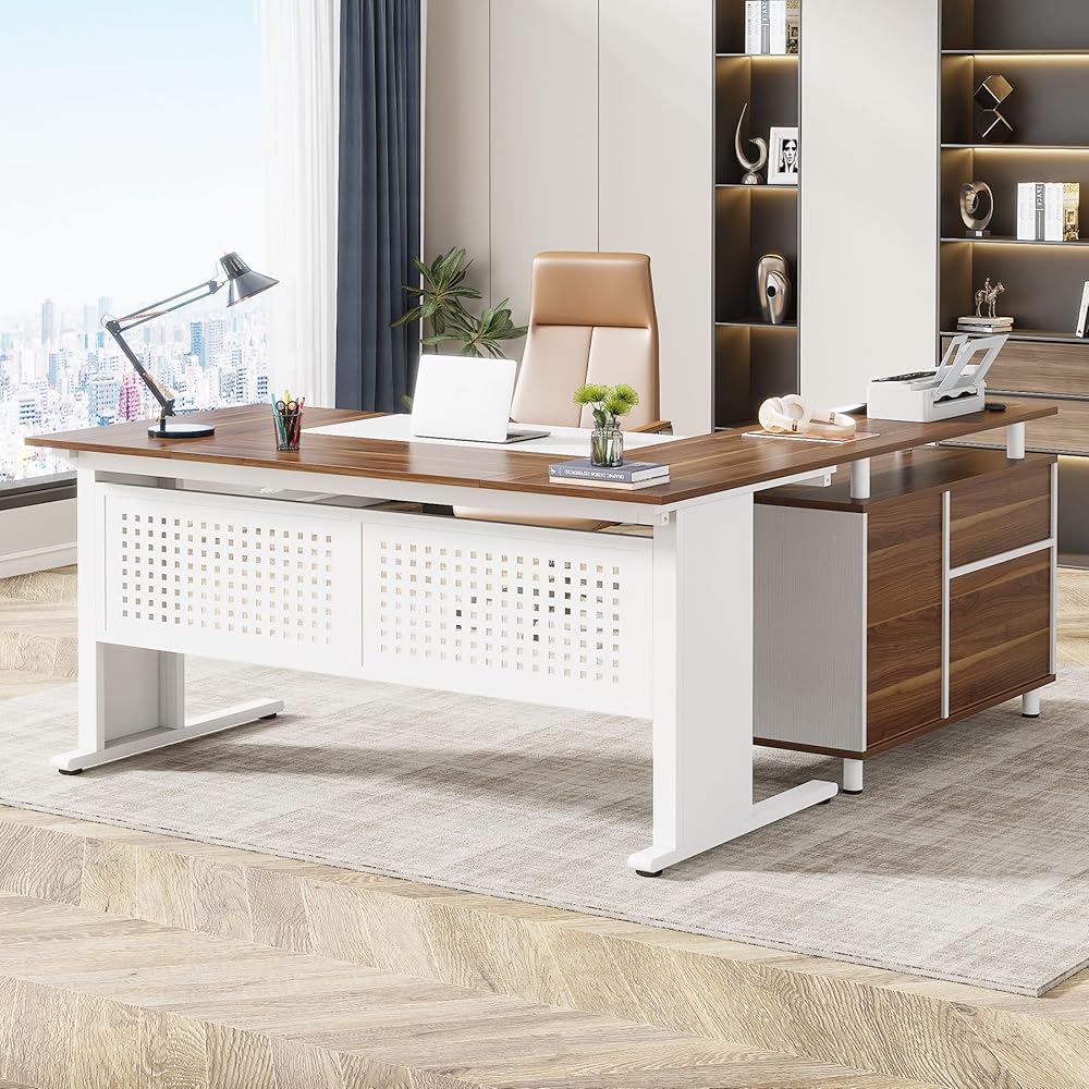 Tribesigns 63 Inch Executive Desk with File Cabinet, L Shaped Office Desk with Drawers and Storage Shelves, Business Furniture Set Workstation for Home Office, White and Walnut : Home & Kitchen