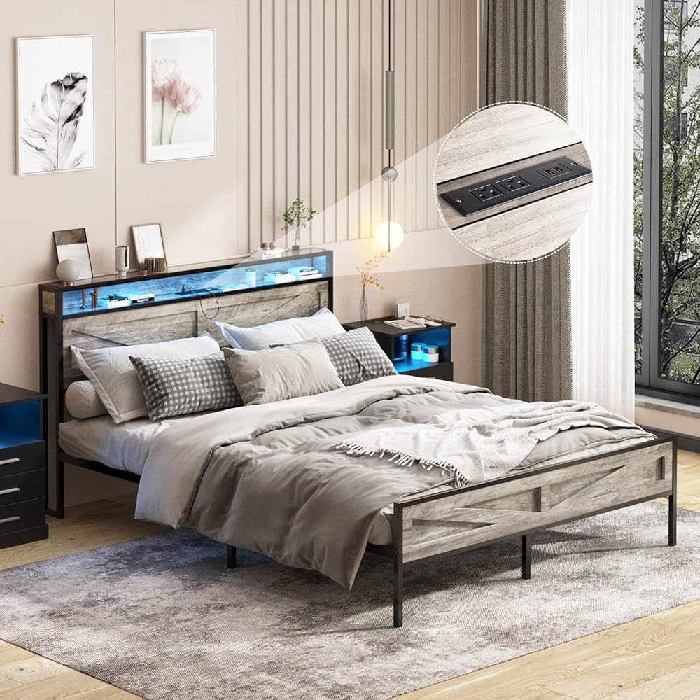 Halitaa LED Full Size Bed Frame with Charging Station, Platform Metal Bed with Headboard Storage & USB Ports Outlets, Farmhouse Bed Frame with Lights for Bedroom, Noise Free, Wash Grey (Full) : Home & Kitchen