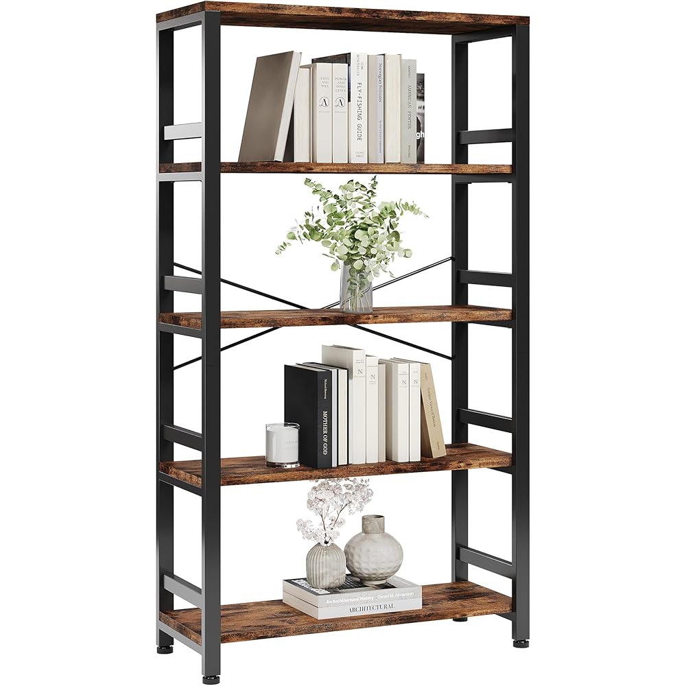 IRONCK Bookshelves and Bookcases, 31.5in Wide Shelf 5-Tier Ladder Shelf 110lbs/shelf Vintage Industrial Style Bookcase for Bedroom Living Room Home, Vintage Brown : Home & Kitchen