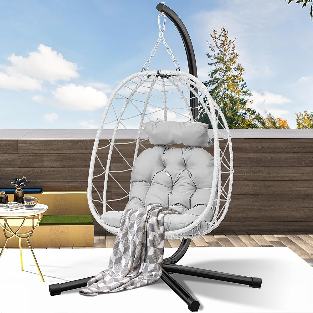 DWVO Egg Hanging Swing Chair with Stand Egg Chair Wicker Egg Chair with Cushions 330lbs for Patio, Bedroom, Garden and Balcony, Light Gray : Patio, Lawn & Garden