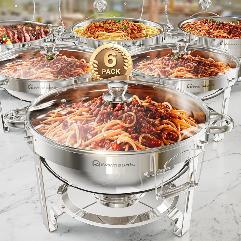 WARMOUNTS Round Chafing Dishes for Buffet with Glass Lid (5QT, 6 Pack) - 95% Pre-Assembly, Food-Grade Stainless Steel Chafers and Buffet Warmers Sets with Lid Holder, Rolled Edge Design, for Party: Home & Kitchen