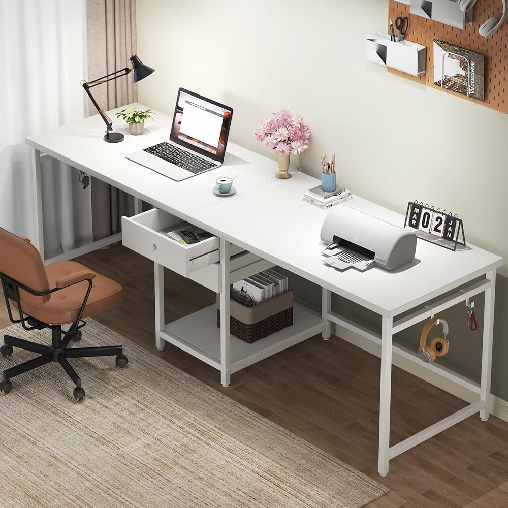 Tribesigns 79 Inch Extra Long Desk, Double Desk with 2 Drawers, Two Person Desk Long Computer Desk with Storage Shelves, Writing Table Study Desk for Home Office, White : Home & Kitchen