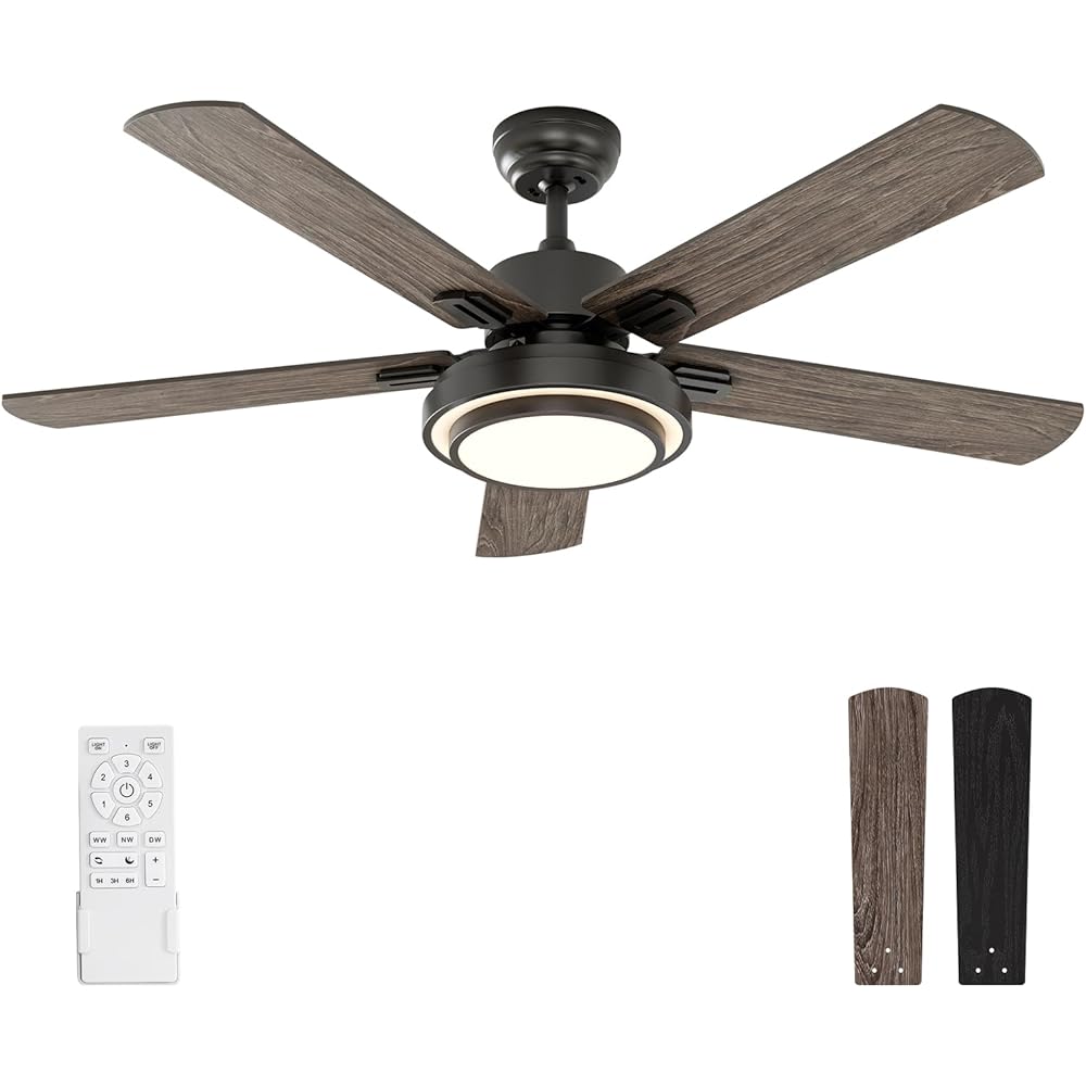 warmiplanet Ceiling Fans with Lights and Remote Control, 52 Inch, 6 Speeds Reversible DC Motor, 3 Color Dimmable Light, Timer, Noiseless, Black, 5 Blades -