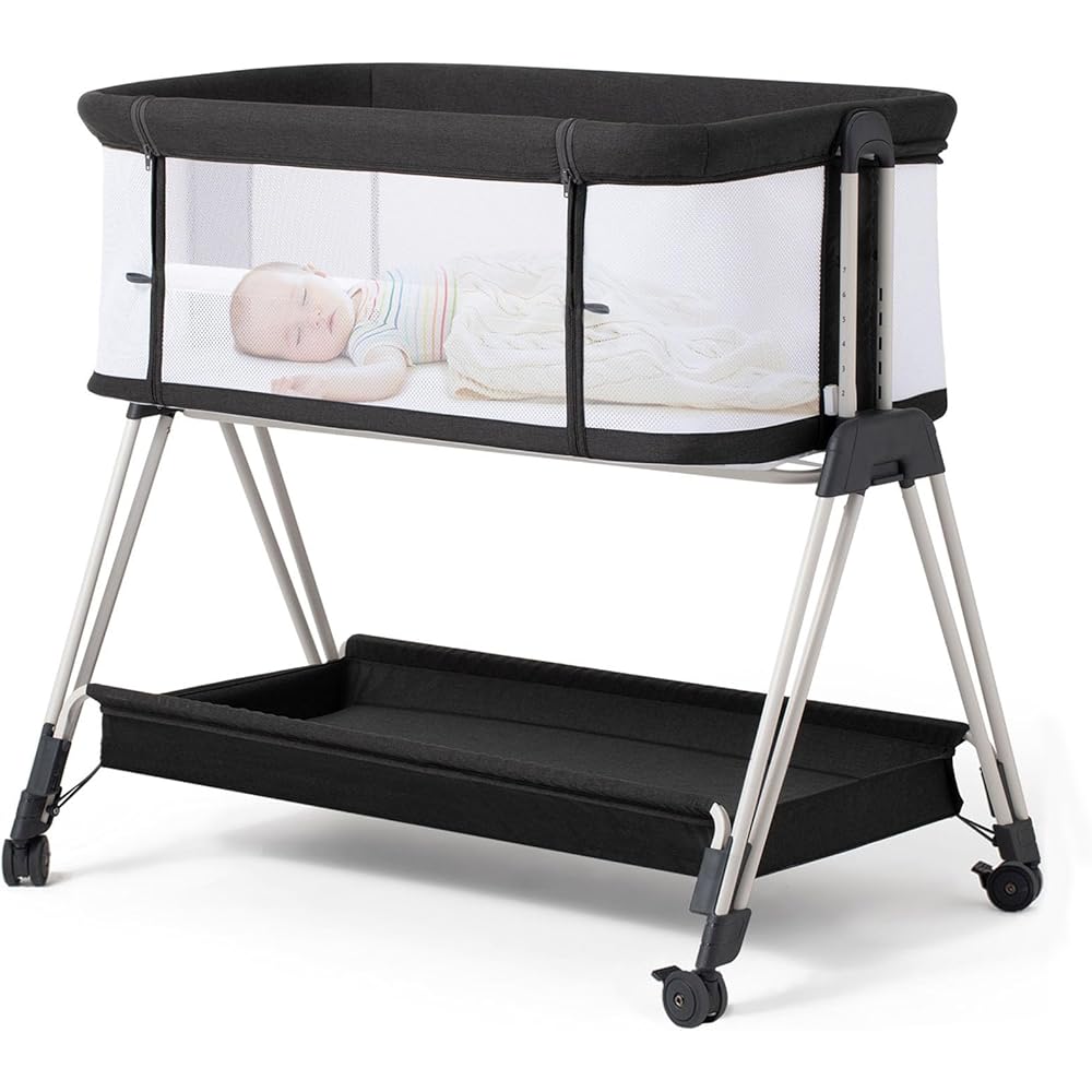 Fodoss Baby Bassinet Bedside Sleeper with Wheels and Storage Tray,4-Sided Mesh Bedside Bassinet for Infant/Newborn,7 Height Adjustable Easy Folding Bedside Crib : Baby