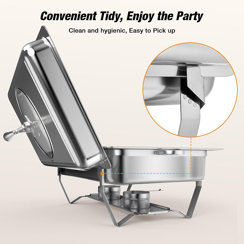WARMOUNTS Chafing Dishes for Buffet with Glass Lid (9QT, 4Pack) - Food-Grade Stainless Steel, Rolled Edge Design, Foldable Frame, Lid Holder, Buffet Servers and Warmers Parties, Catering, Weddings: Home & Kitchen
