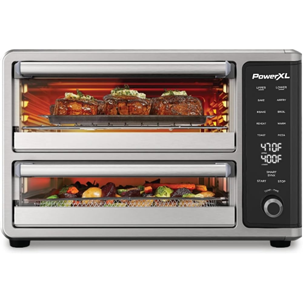 PowerXL SmartSynx Dual Door Oven, 8 Quick-Touch Cooking Presets including Air Fry, Toast, Bake, Broil, Reheat and More, Cook 2 Different Foods at the Same Time, Large Capacity & Adjustable Temperature : Home & Kitchen