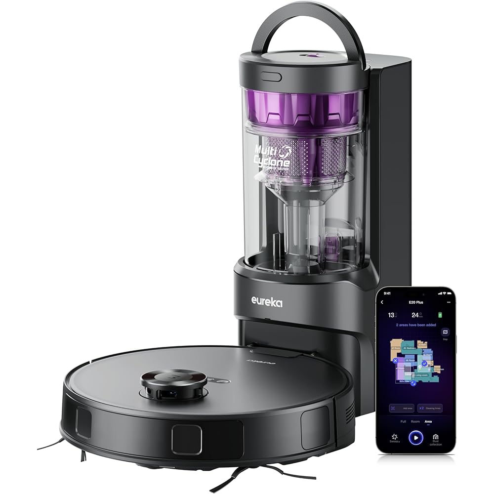 - Eureka E20 Plus Robot Vacuum with Bagless Self Emptying Station, Robotic Vacuum and Mop Combo, 45-Day Capacity, Upgraded 8000Pa Suction and Anti Hair-Tangling Brush, LiDAR Navigation, App Control