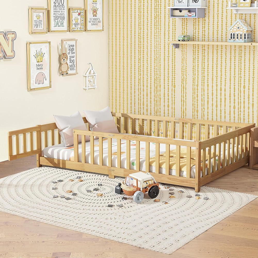 Lyngins Full Size Floor Bed, Toddler Floor Bed Frame with High Guardrails, Solid Wood Montessori Beds Full with Support Slats, Fence and Door for Kids, Boys or Girls - Natural : Home & Kitchen