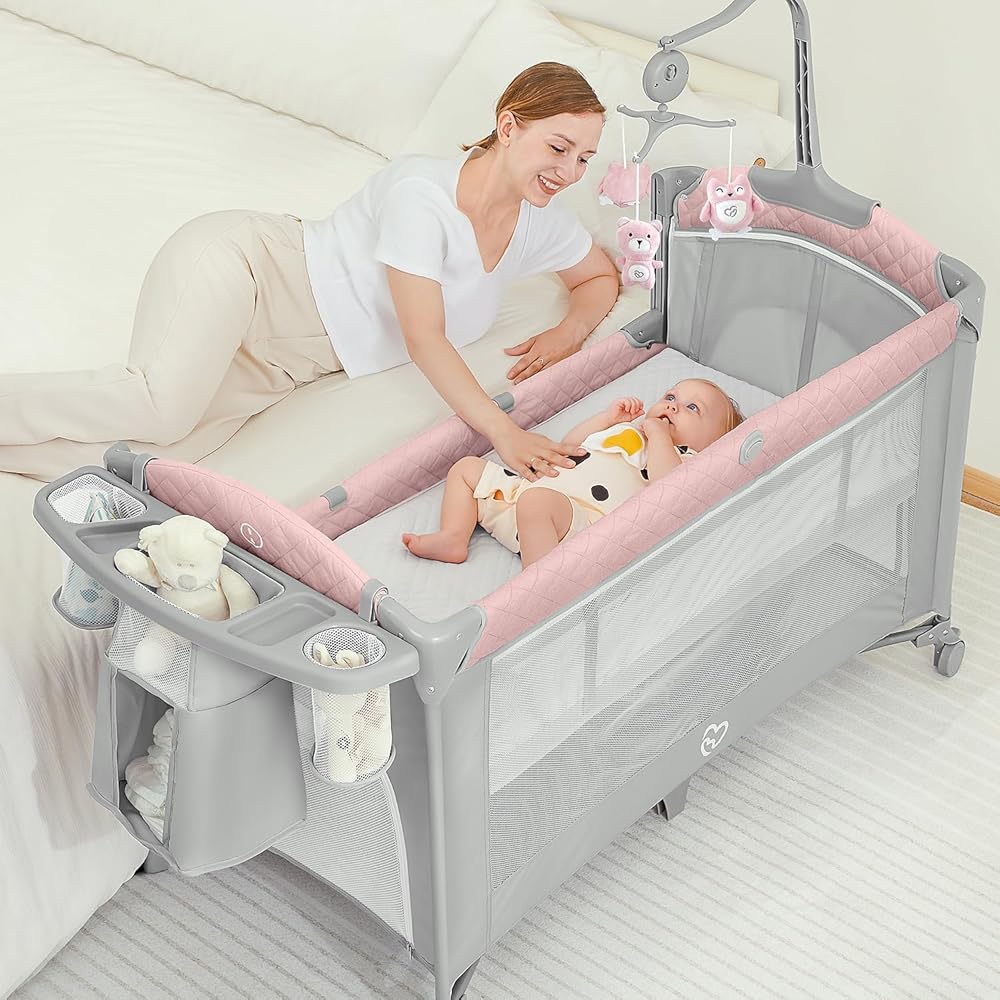 : BabyBond Baby Bassinet Bedside Crib, Pack and Play with Sheet, Diaper Changing Table and Music Mobile from Newborn to Toddles, Portable Large Playard : Baby