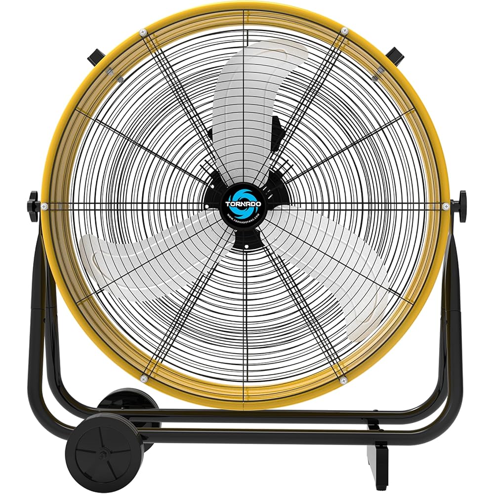 Tornado - 24 Inch High Velocity Heavy Duty Tilt Metal Drum Fan Yellow Commercial, Industrial Use 3 Speed 7700 CFM 1/3 HP 8 FT Cord ETL Safety Listed (YELLOW): Tools & Home Improvement