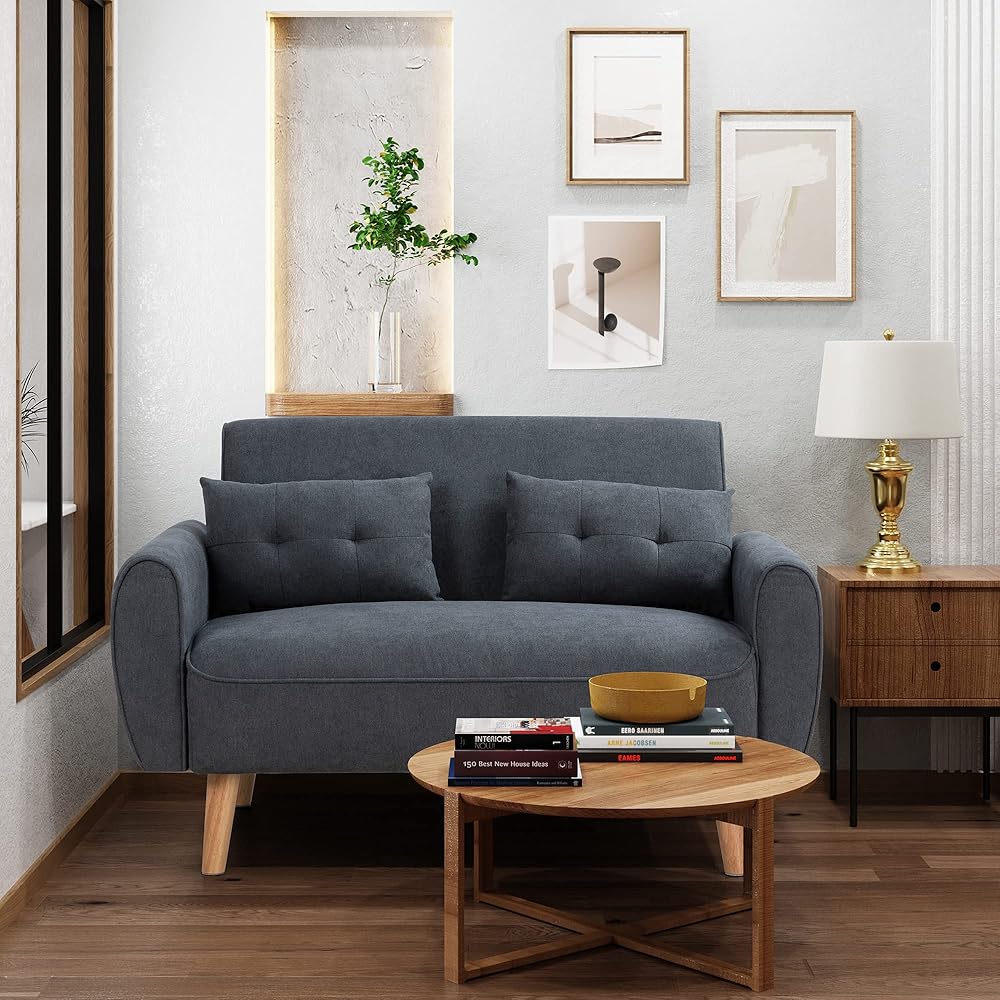 Shintenchi Small Modern Loveseat Couch Sofa, Mid Century Fabric Upholstered 2-Seat Sofa Couch Love Seats Furniture for Small Space, Dark Grey : Home & Kitchen