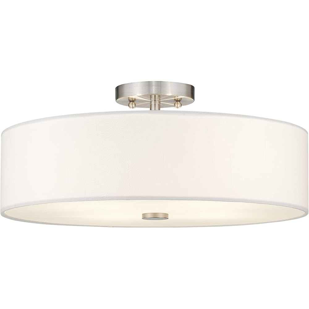 Livex Lighting 51055-91 Meridian Collection 4-Light Semi Flush Mount Ceiling Fixture with Off-White Fabric Hardback Drum Shade, Brushed Nickel