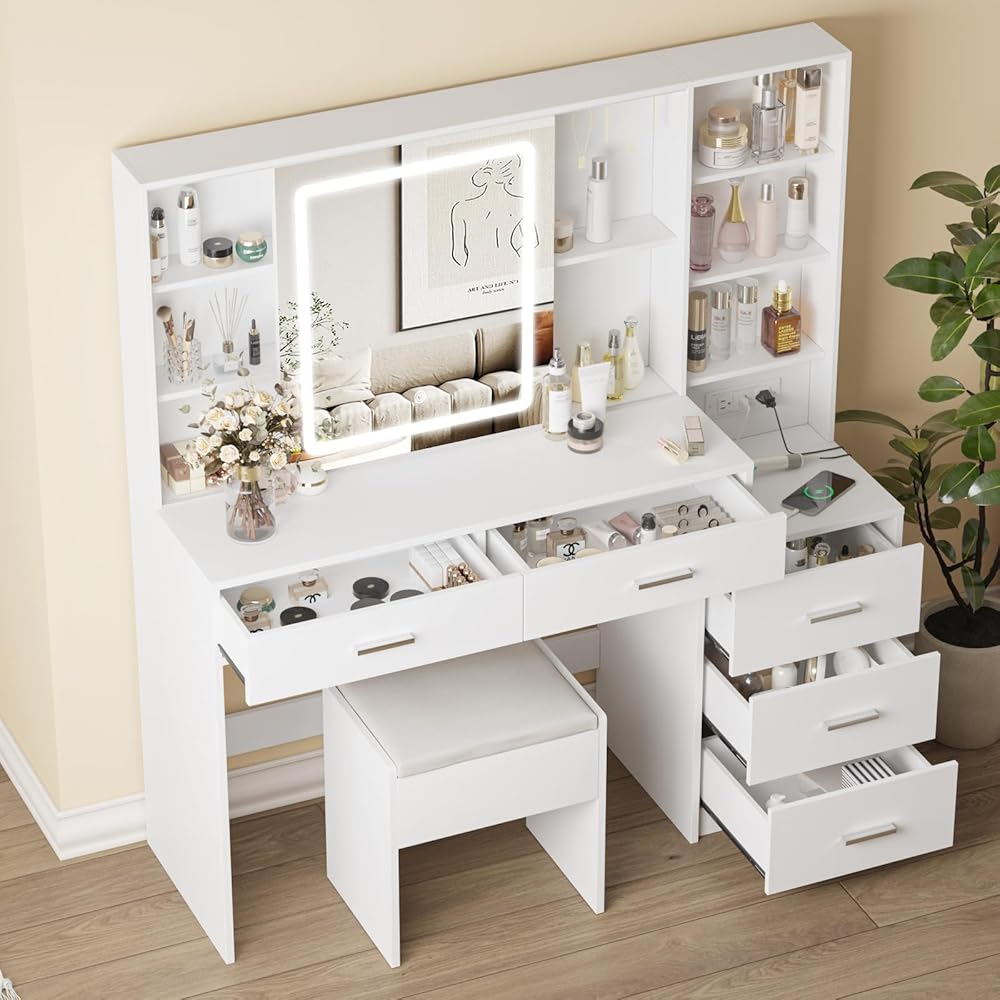 Fameill Vanity Desk with Mirror and Lights, Makeup Vanity with 5 Drawers, Makeup Desk with Charging Station and Ample Storage, Dressing Table with Chair for Bedroom Room (White) : Home & Kitchen