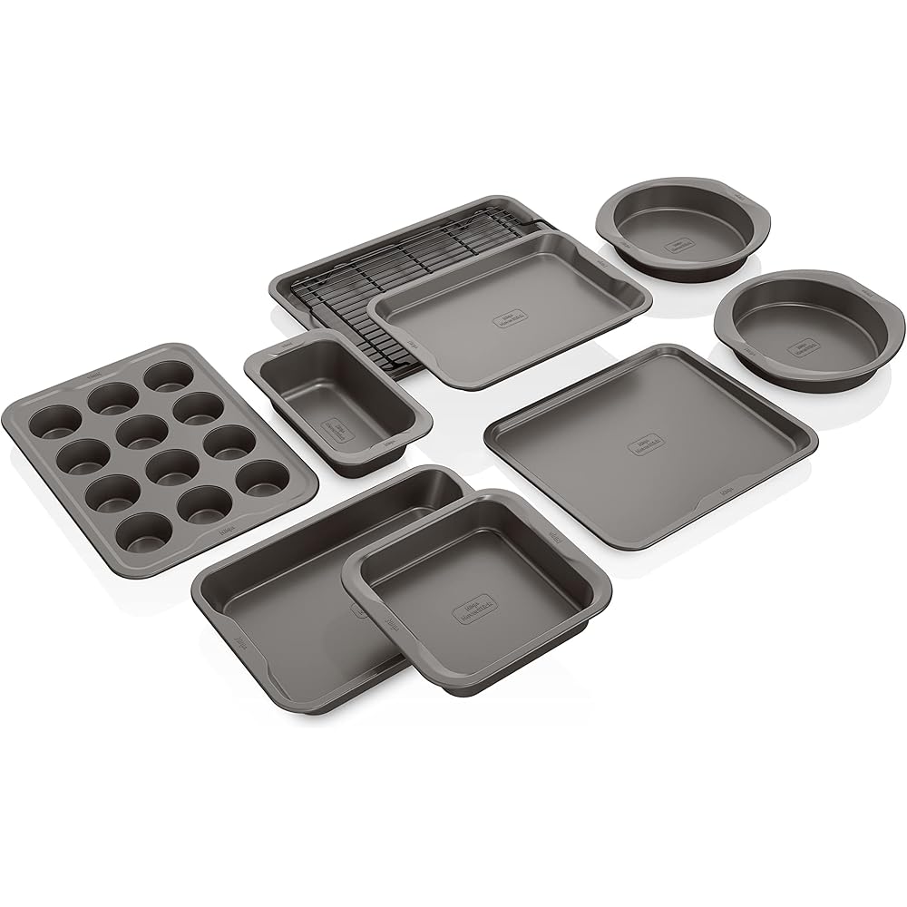 Ninja B39010 Foodi NeverStick Premium 10-Piece Bakeware Sheet Set, Oven Safe up to 500⁰F, with (2) Baking Sheets, Cookie Sheet, Loaf Pan, Muffin Pan, (4) Cake Pans & Cooling/Roasting Rack, Grey