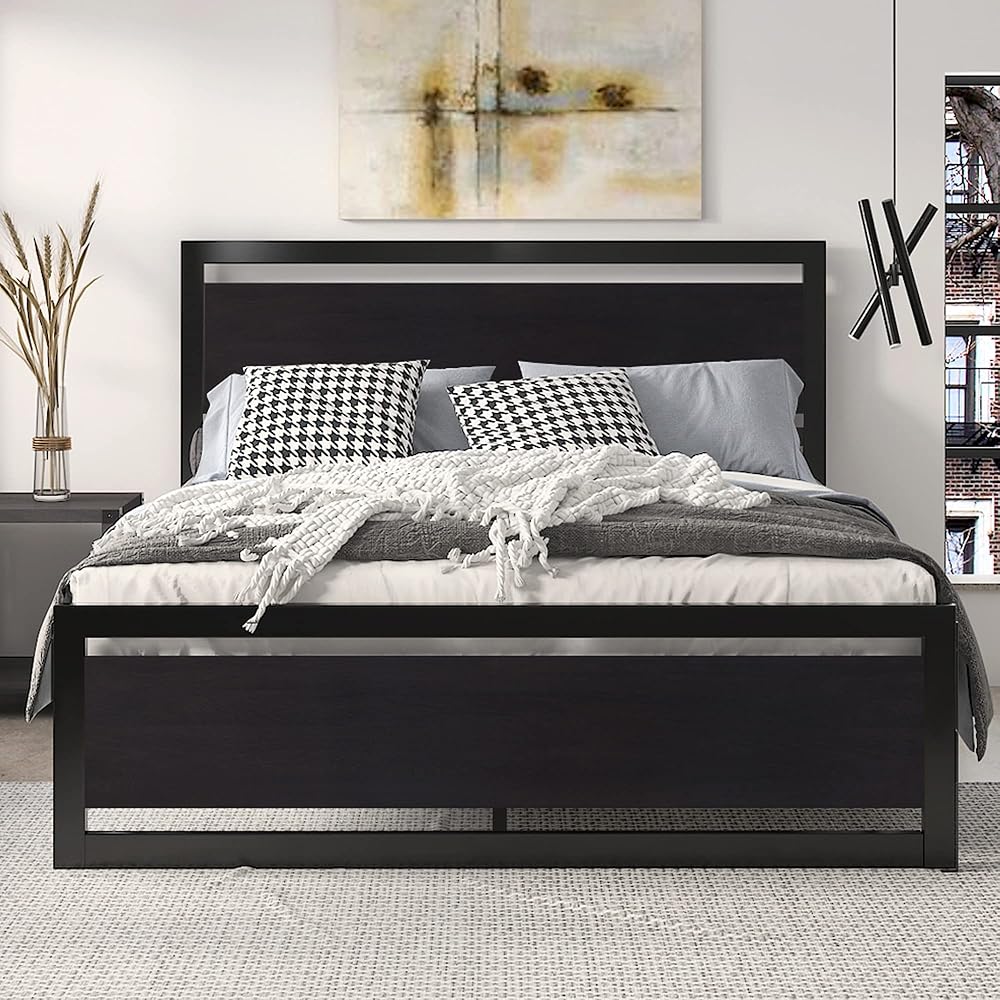 SHA CERLIN Queen Size Bed Frame with Modern Headboard, Heavy Duty Platform Metal Base with Square Footboard and 13 Strong Slats Support, No Box Spring Needed, Black : Home & Kitchen