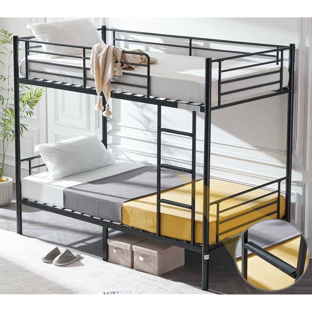 VINGLI Bunk Bed Twin Over Twin for Kids, Teens & Adults Bunk Bed with Stairs & Flat Rungs, Heavy Duty Metal Slats, No Box Spring Needed, Black : Home & Kitchen