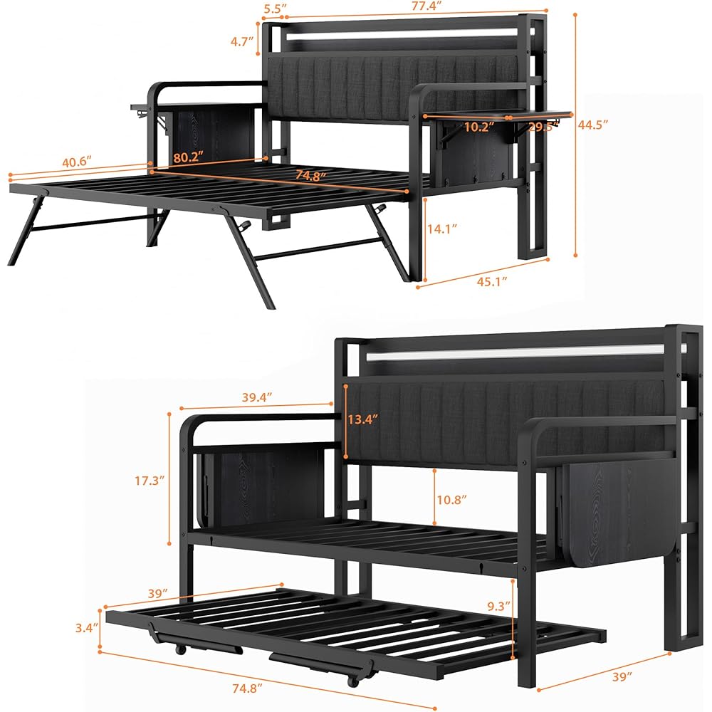 Daybed with Trundle and LED Light, Heavy Duty Metal Twin Bed Frame with Upholstered Storage Headboard & Charging Station, Day Bed Pop Up Trundle Bed Twin for Living Room,Bedroom and Guest Room (Black) : Home & Kitchen