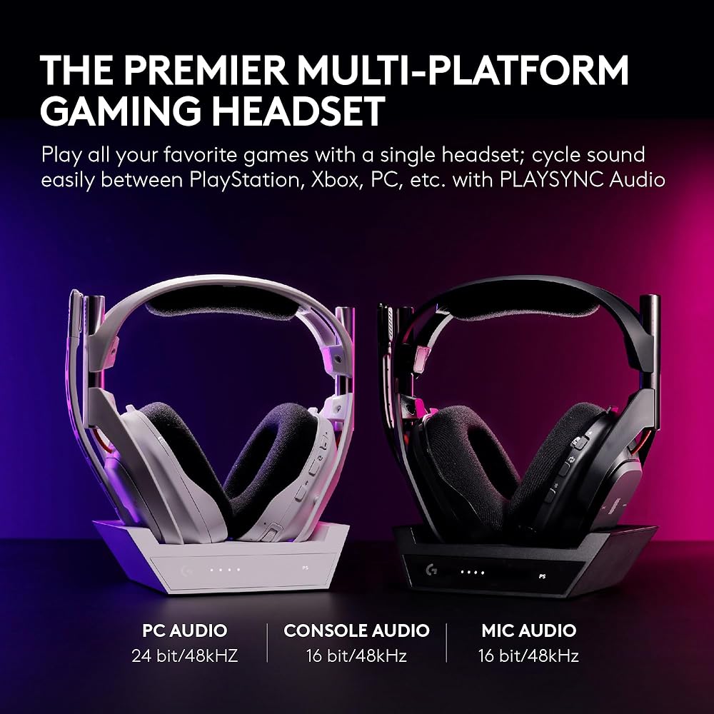 Logitech G Astro A50 Omni-Platform Wireless Gaming Headset + Base Station for PS5, Xbox, PC: PLAYSYNC Audio Switcher, <16 bit/48kHz (Console), <24 bit/48 kHz (PC), 24hr Battery, 2.4GHz & BT - Black : Video Games