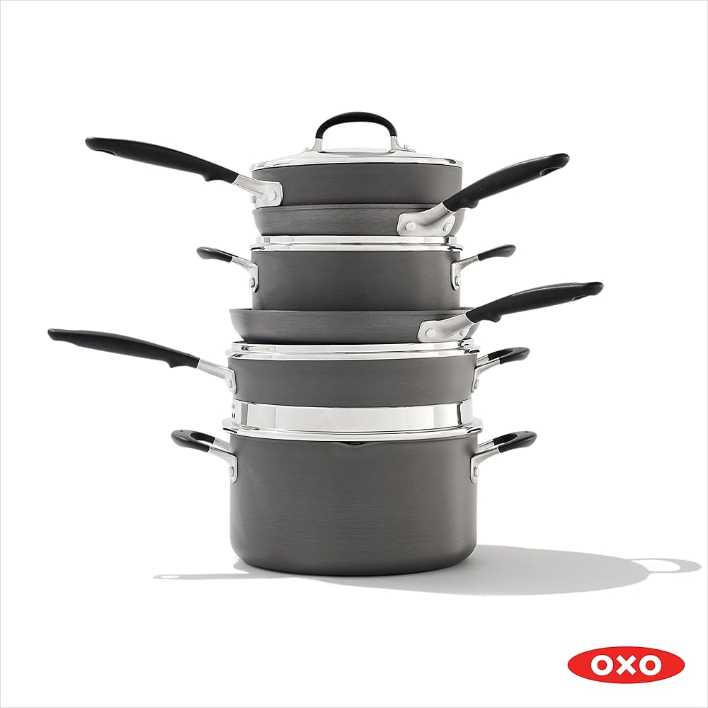 OXO Good Grips 10 Piece Cookware Pots and Pans Set, 3-Layered German Engineered Nonstick Coating, Stainless Steel Handle with Nonslip Silicone, Gray: Home & Kitchen