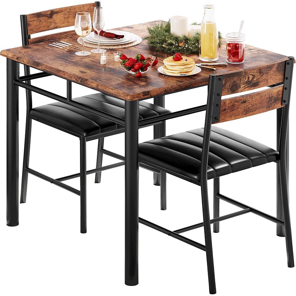 - IRONCK Dining Table Set for 2, Small Kitchen Table with Upholstered Chairs Dinning Table Set for Kitchen & Dining Room, Compact Dining Set for Small Spaces, Rustic Brown - Table & Chair Sets