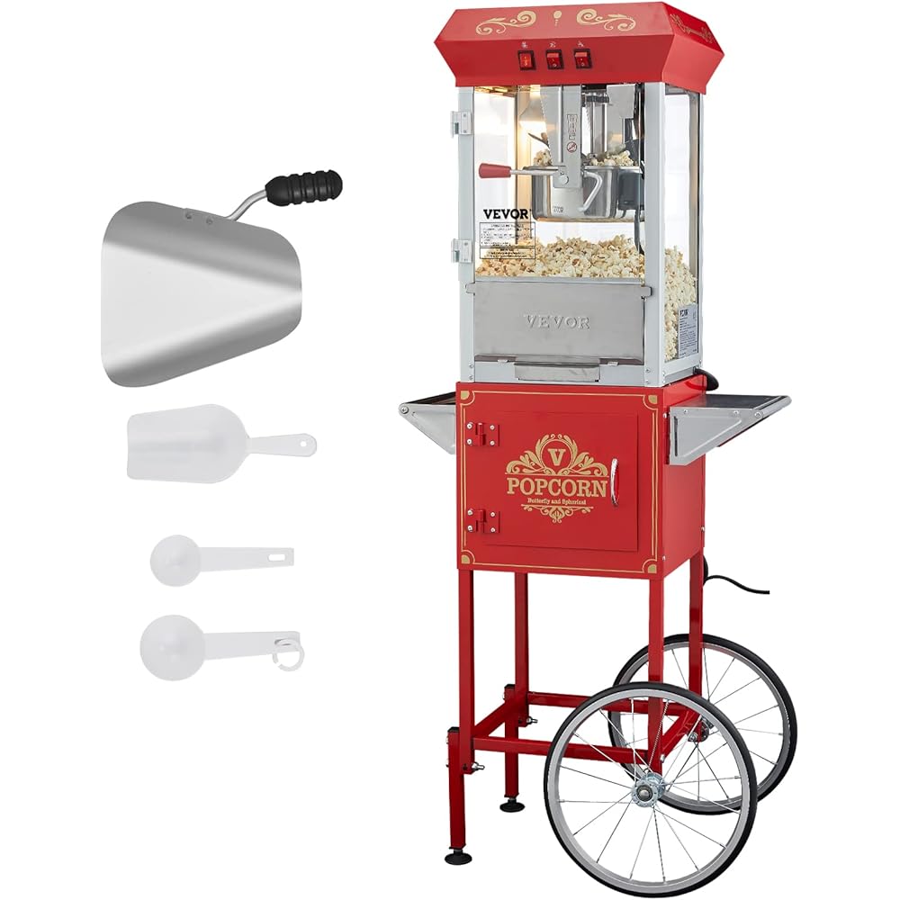 VEVOR Commercial Popcorn Machine, 8 Oz Kettle, 850 W Popcorn Maker on Wheels for 48 Cups per Batch, Theater Style Popper with 3-Switch Control Steel Frame Tempered Glass Doors Cart 1 Scoop 2 Spoons: Home & Kitchen