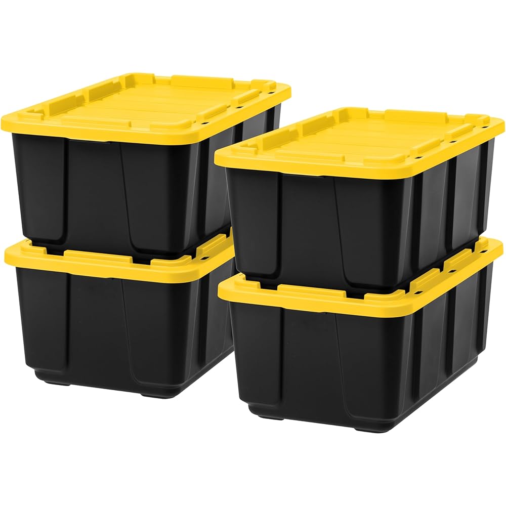 IRIS USA 27 Gallon Heavy Duty Truck Bed Toolbox Storage Tote Bins with Lids, 4 Pack - Made in USA, Tough Snap On Lockable Lid Stackable Industrial Tubs, Garage Organization Reusable Box - Black/Yellow