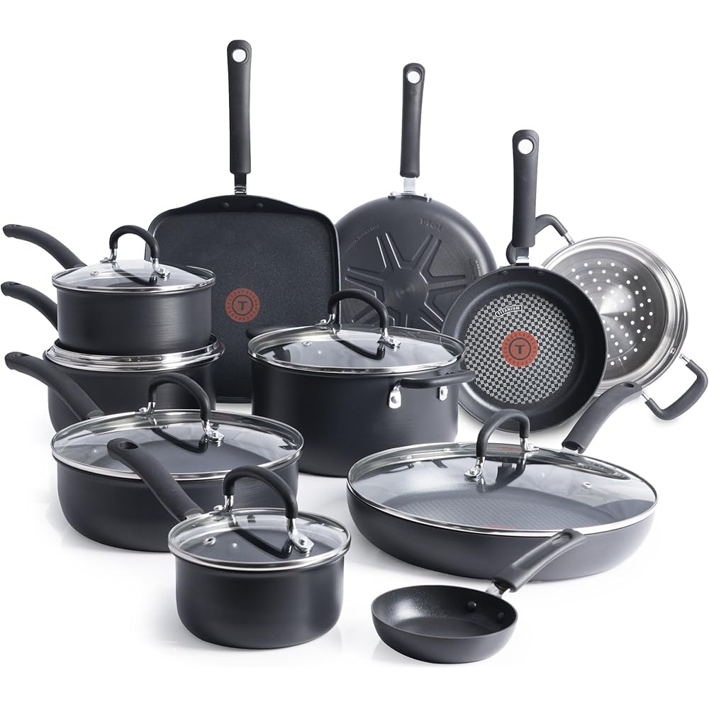 T-Fal Ultimate Hard Anodized Nonstick Cookware Set 17 Piece, Nonstick Pots and Pans Set with Fry Pan, Saucepans, Saute-Pan, Griddle, Dishwasher Safe, Black : Sports & Outdoors