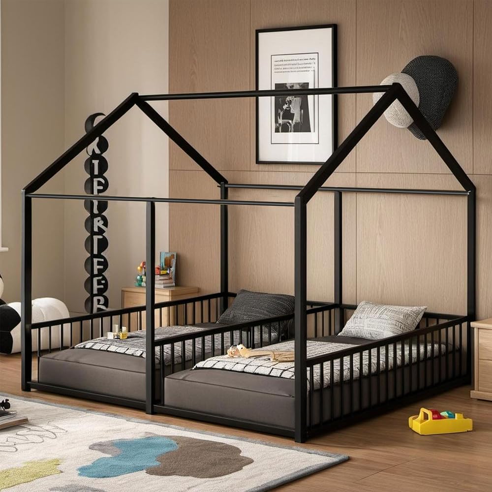 PVWIIK Double Montessori Floor Bed with Fence & Roof for Two Kids Teens Boys Girls,Twin Floor Bed,Easy Assemble,No Box Spring Needed, Black : Home & Kitchen