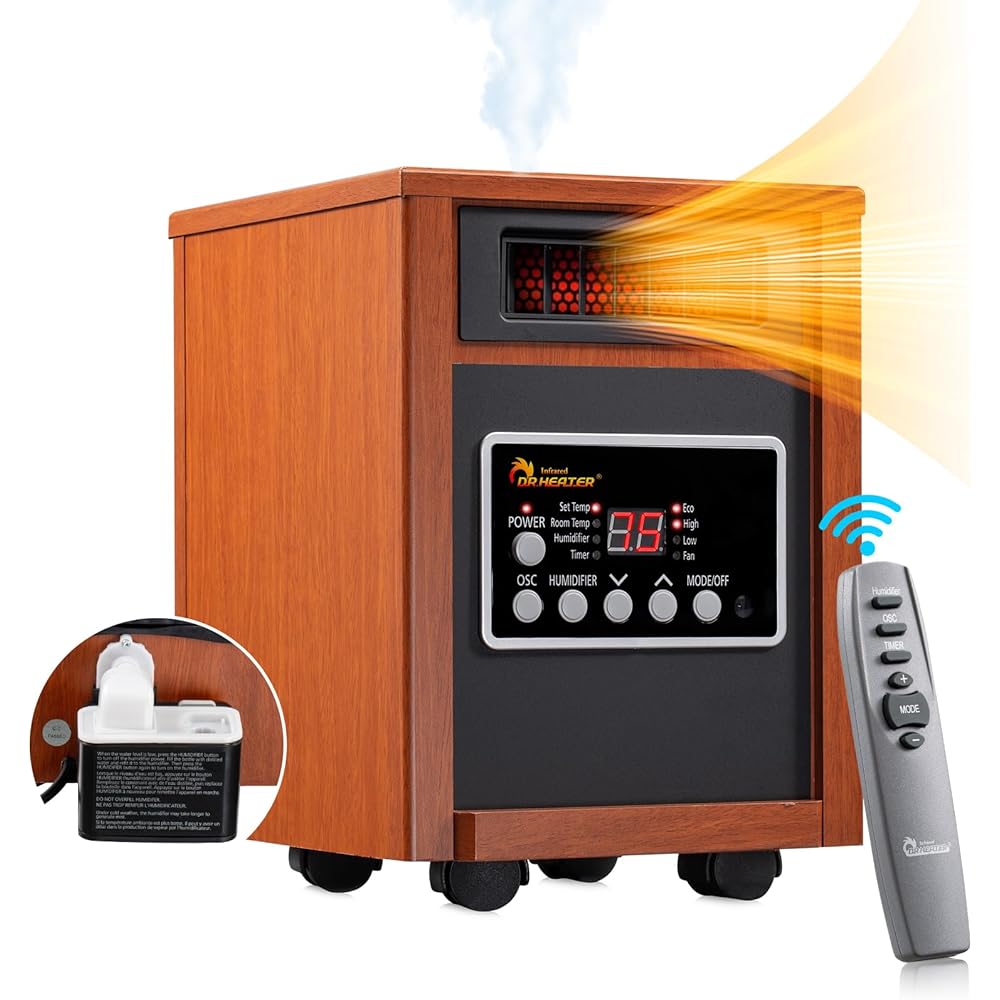 Dr Infrared Heater DR-998, 1500W, Space Heater with Humidifier, Oscillation Fan & Remote Control (Cherry) : Home & Kitchen