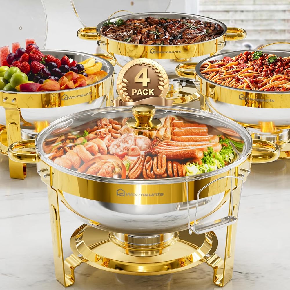 WARMOUNTS Gold Chafing Dishes for Buffet with Glass Lid (5QT, 4 Pack), Round Stainless Steel Chafers and Buffet Warmers Sets with Lid Holder, Rolled Edge Design, for Catering Events, Parties, Weddings: Home & Kitchen