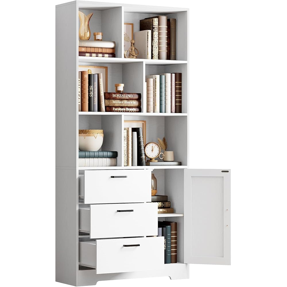 IRONCK Bookshelf with Drawers, 70.9 inch Tall Bookcase with Doors, Bookshelves and Bookcases with Storage, Bookshelf with 6 Open Cubes for Home Office, Living Room, Study, White : Home & Kitchen