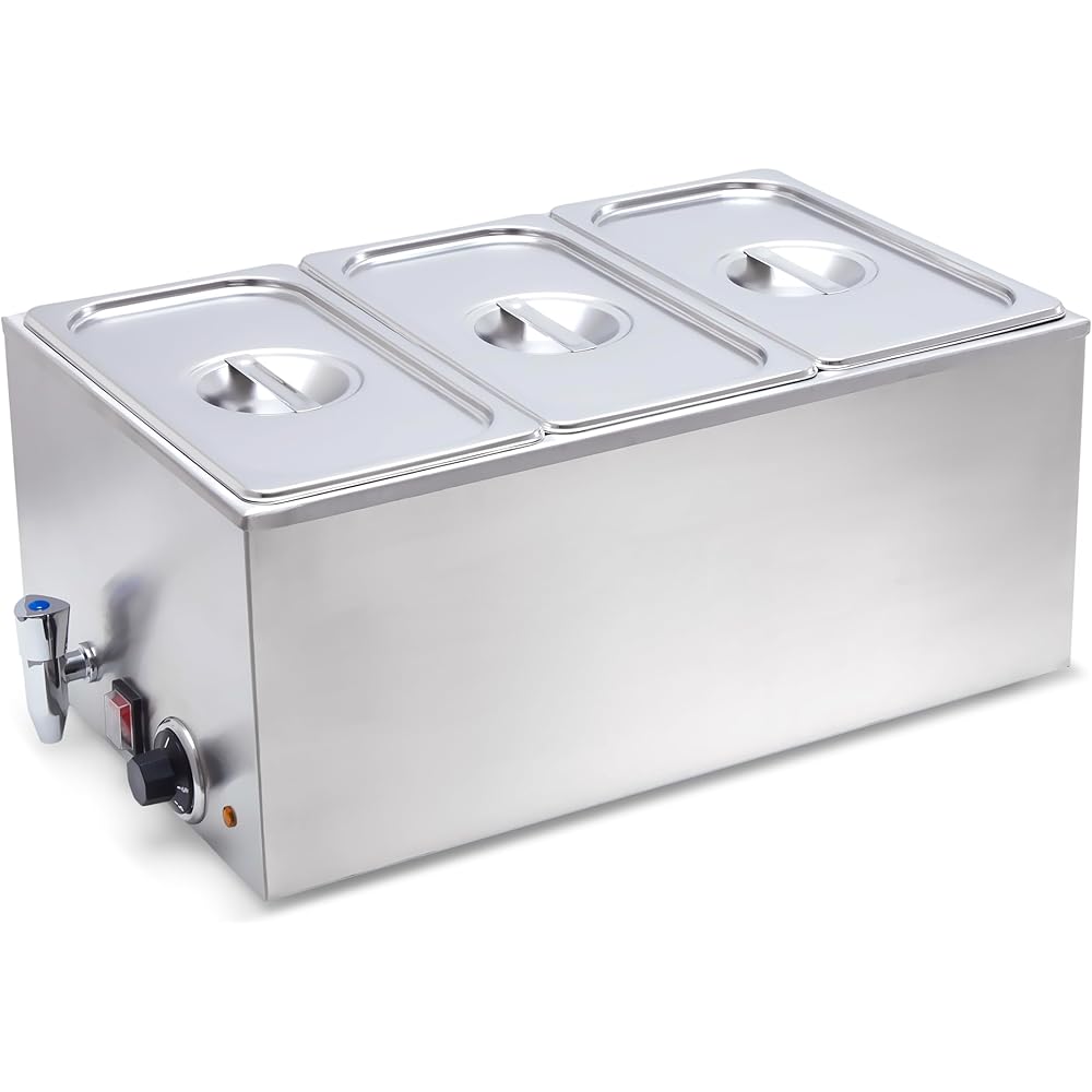 SYBO Commercial Grade Stainless Steel Bain Marie Buffet Food Warmer Steam Table for Catering and Restaurants, Good for Parties Buffet Servers and Warmers, 3 Sections with Tap, Sliver: Industrial & Scientific