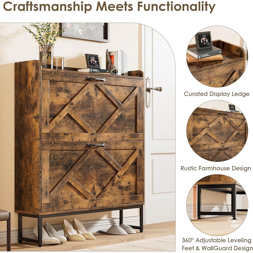 Nicetree Shoe Cabinet with 2 Flip Drawers, Freestanding Shoe Organizer with Metal Legs, Narrow Shoe Rack Cabinet, Farmhouse Slim Shoe Storage Cabinet for Entryway, Foyer, Hallway, Rustic Brown : Home & Kitchen