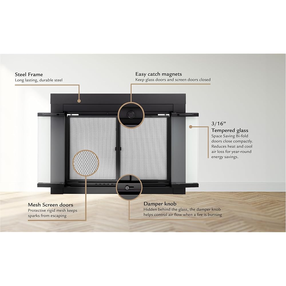 Pleasant Hearth AT-1002 Ascot Fireplace Glass Door, Black, Large : Home & Kitchen
