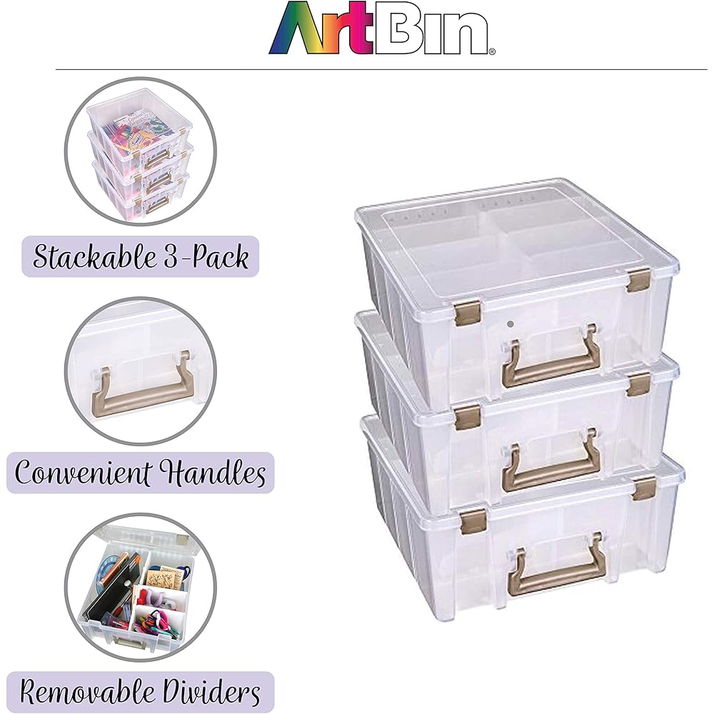 ArtBin 6990ZZ Super Satchel Double Deep 3-Pack, Portable Art & Craft Organizers with Handles, [3] Plastic Storage Cases, Clear & Gold : Home & Kitchen