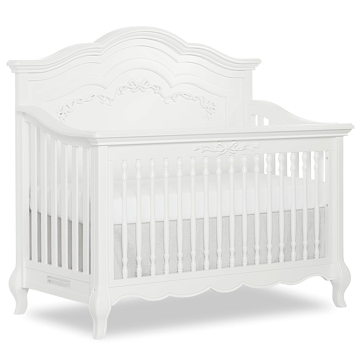 茅volur Aurora 5-in-1 Convertible Full-Size Baby Crib in Frost White, GreenGuard Gold & JPMA, 3 Mattress Heights, Ribbon Bow Scrollwork & Queen Anne Feet, Converts to Toddler, Day & Full-Size Bed